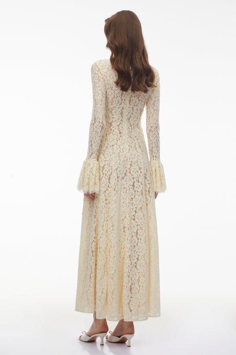 Aurohaya Nasrin White Mock Neck Floral Lace Maxi Dress