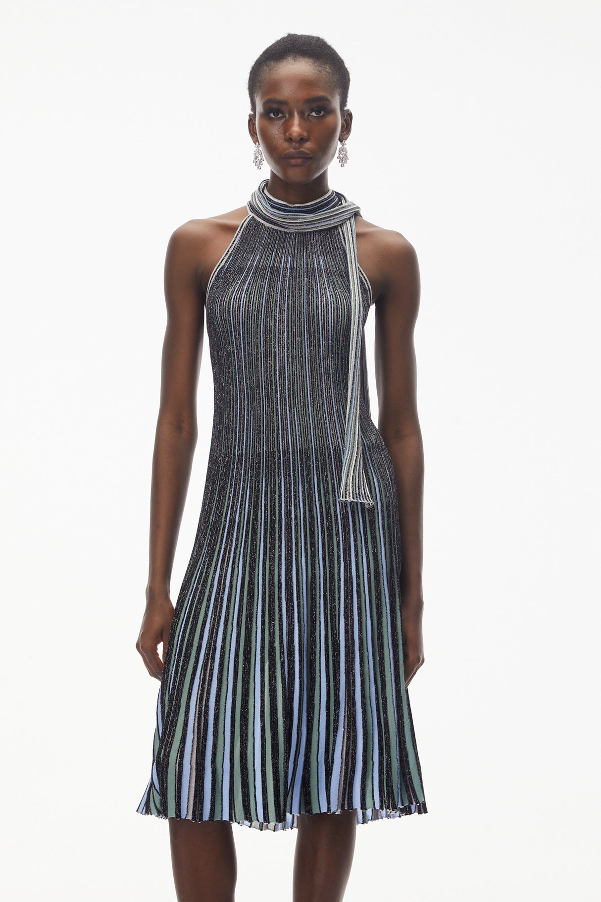Aurohaya Nausicaa Navy Blue Metallic Striped Knit Midi Dress