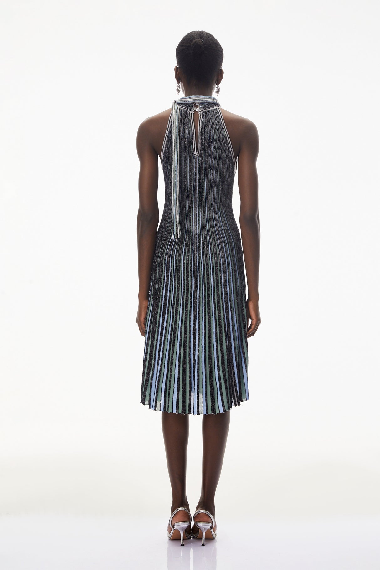 Aurohaya Nausicaa Navy Blue Metallic Striped Knit Midi Dress
