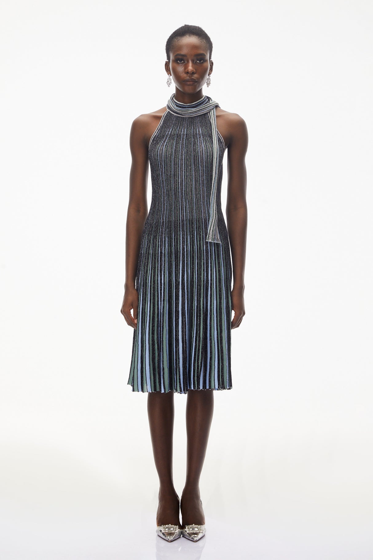 Aurohaya Nausicaa Navy Blue Metallic Striped Knit Midi Dress