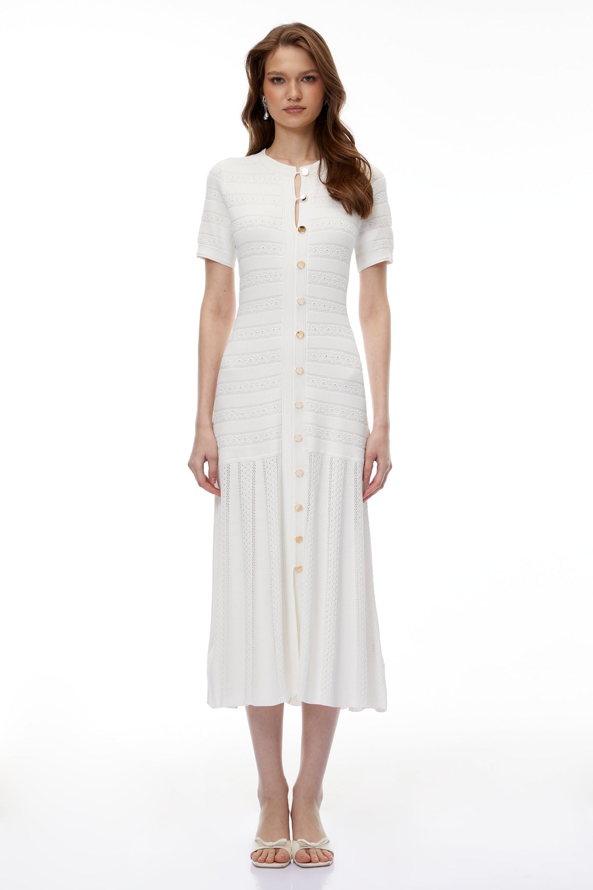 Aurohaya Nephele White Button Down Knit Midi Dress