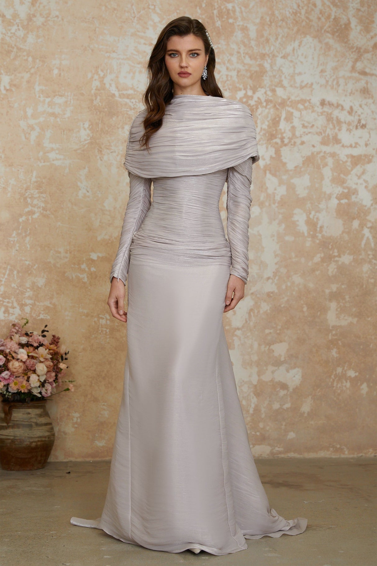Aurohaya Nerida Silver Turtleneck Ruched Maxi Dress