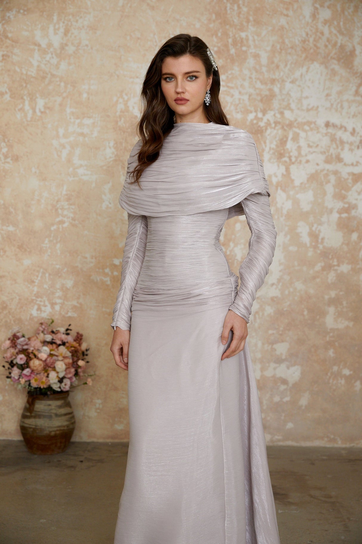 Aurohaya Nerida Silver Turtleneck Ruched Maxi Dress