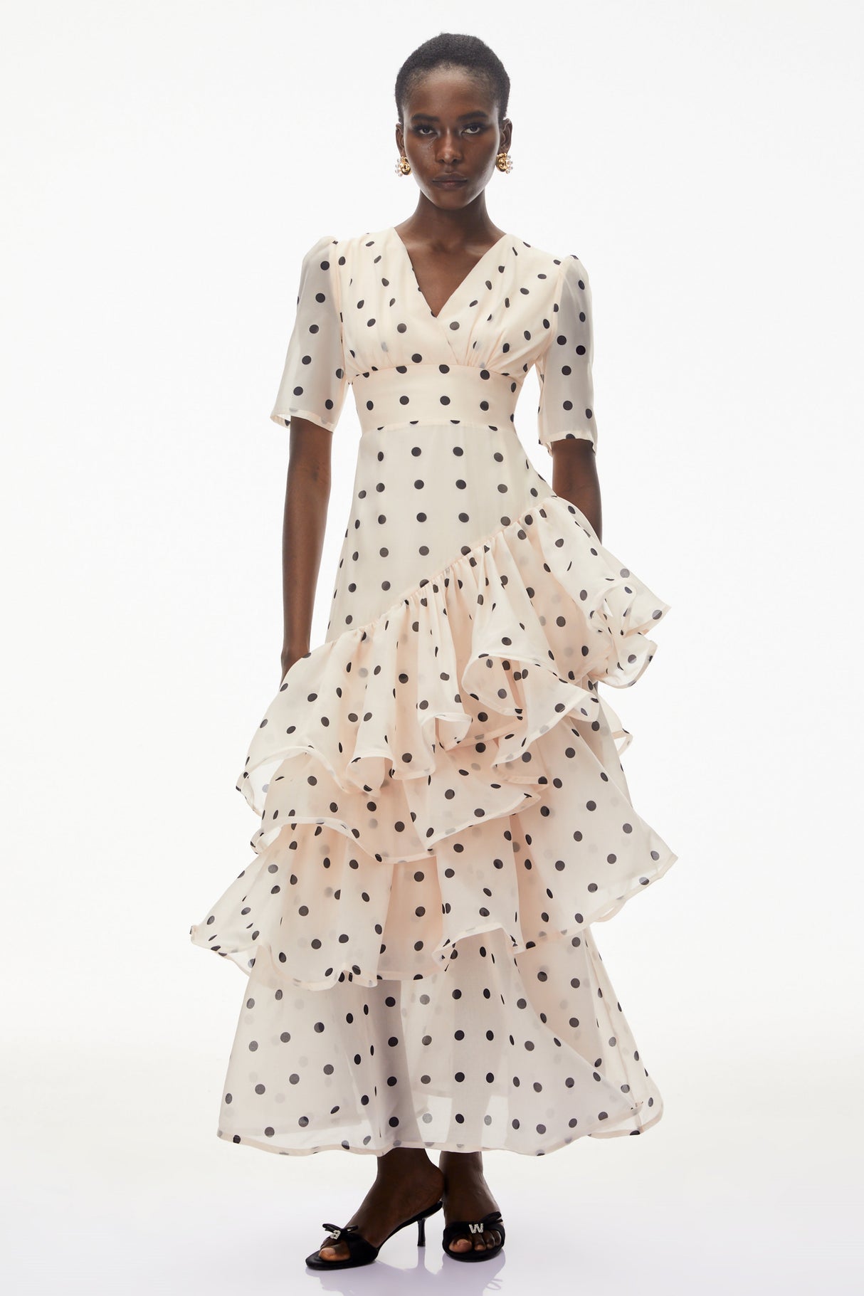 Aurohaya Nicoletta White Polka Dot Asymmetrical Maxi Dress