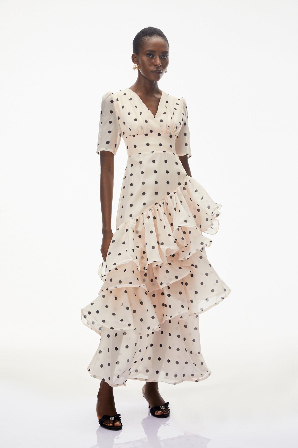 Aurohaya Nicoletta White Polka Dot Asymmetrical Maxi Dress