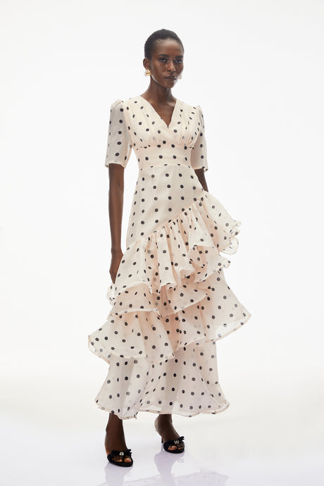 Aurohaya Nicoletta White Polka Dot Asymmetrical Maxi Dress