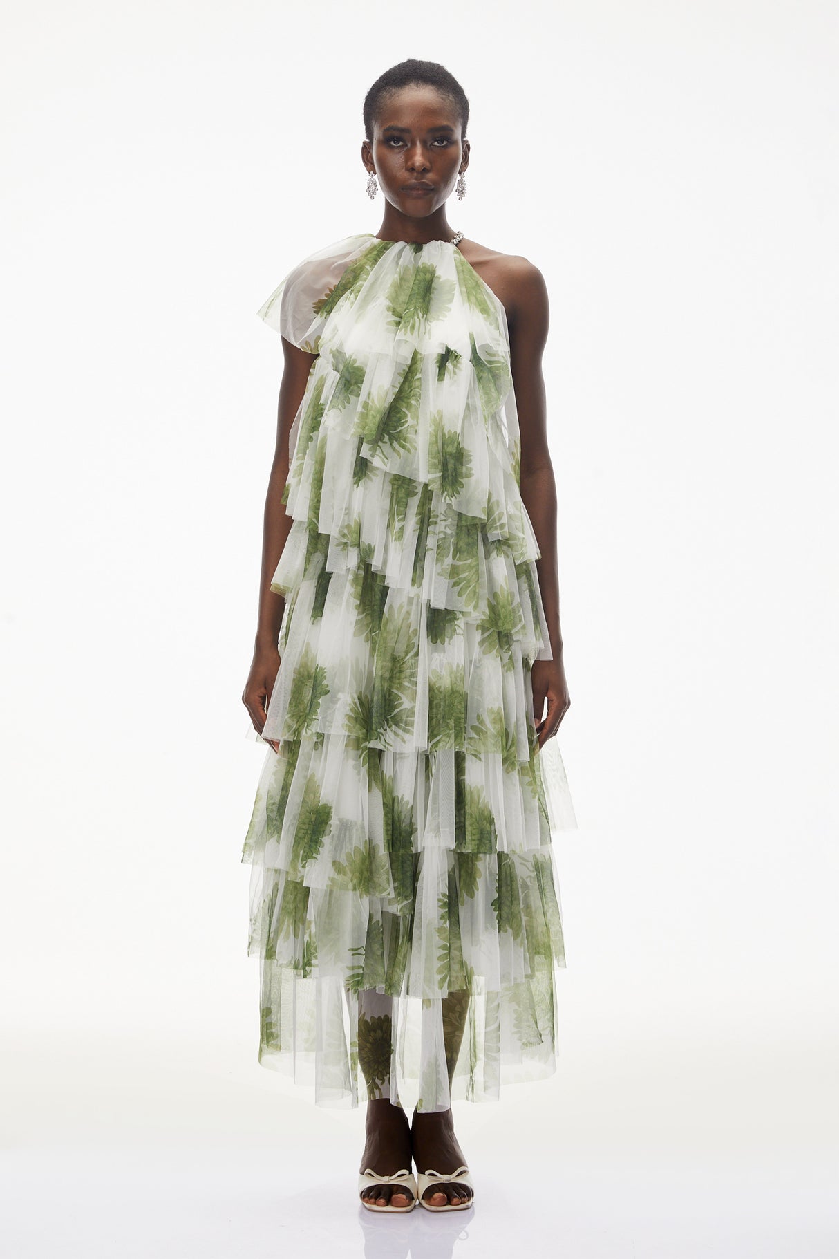 Aurohaya Nitzan Green Printed Tiered Maxi Dress with Sheer Overlay