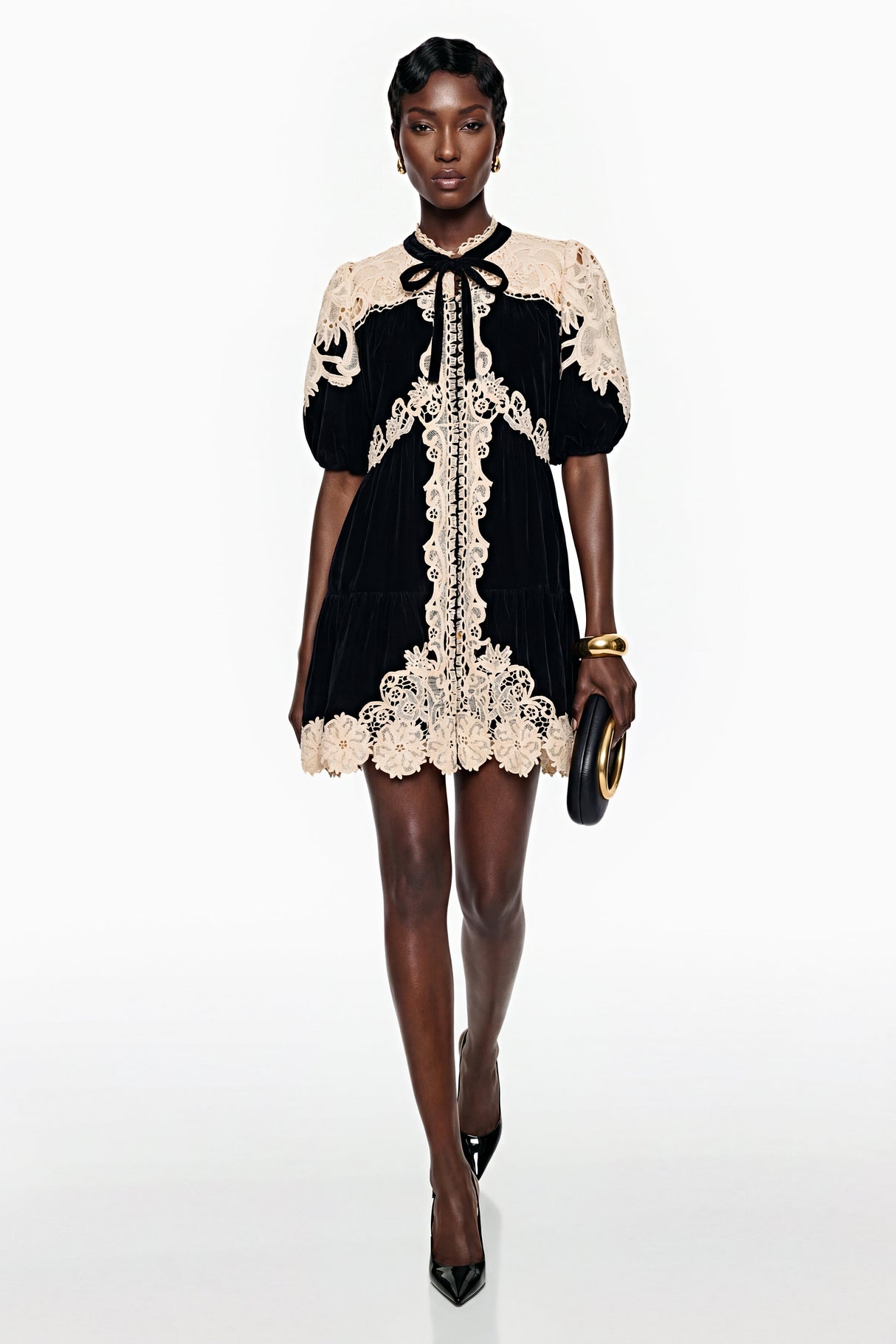 Aurohaya Nora Black Velvet Mini Dress with Lace Panels