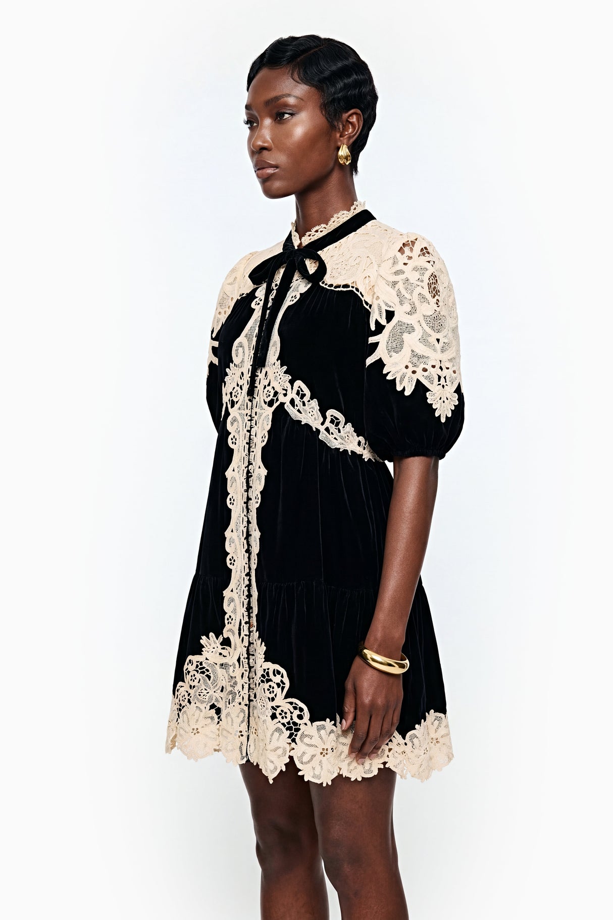 Aurohaya Nora Black Velvet Mini Dress with Lace Panels