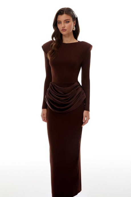 Aurohaya Norma Brown Draped Panel Maxi Dress
