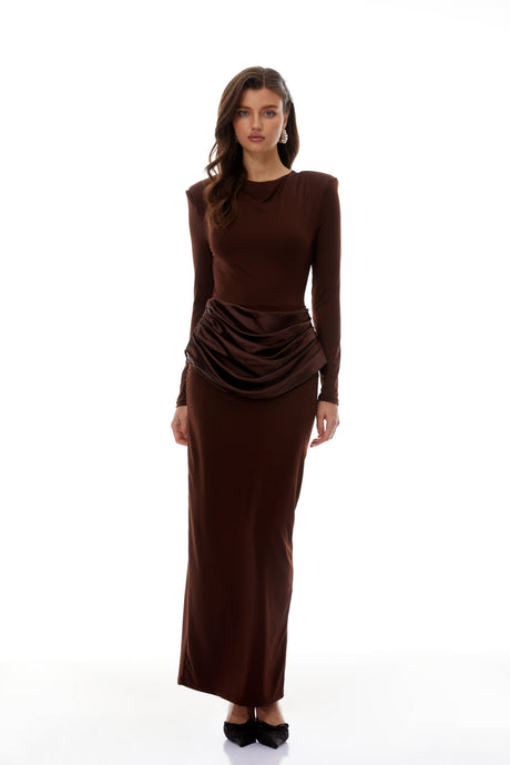Aurohaya Norma Brown Draped Panel Maxi Dress