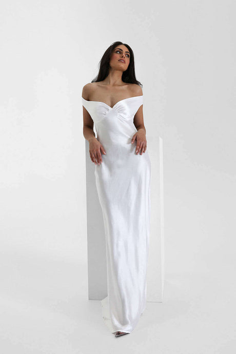 Aurohaya Félicité Satin Off-Shoulder Maxi Dress White