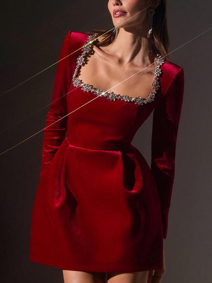 Aurohaya Elegant Square Neck Crystal Embellished Mini Dress