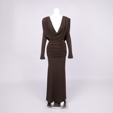 Aurohaya Lumière Long Sleeve Deep V Maxi Dress