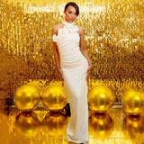 Bellevue Satin Floral Rose Halter Maxi Dress