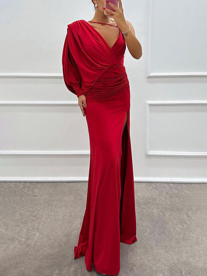 Aurohaya Fashion V-Neck Pleated Slit Sexy Maxi Dress Red