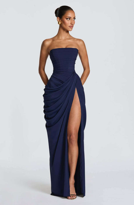 Aurohaya Azalée Strapless Draped High-Slit Maxi Dress