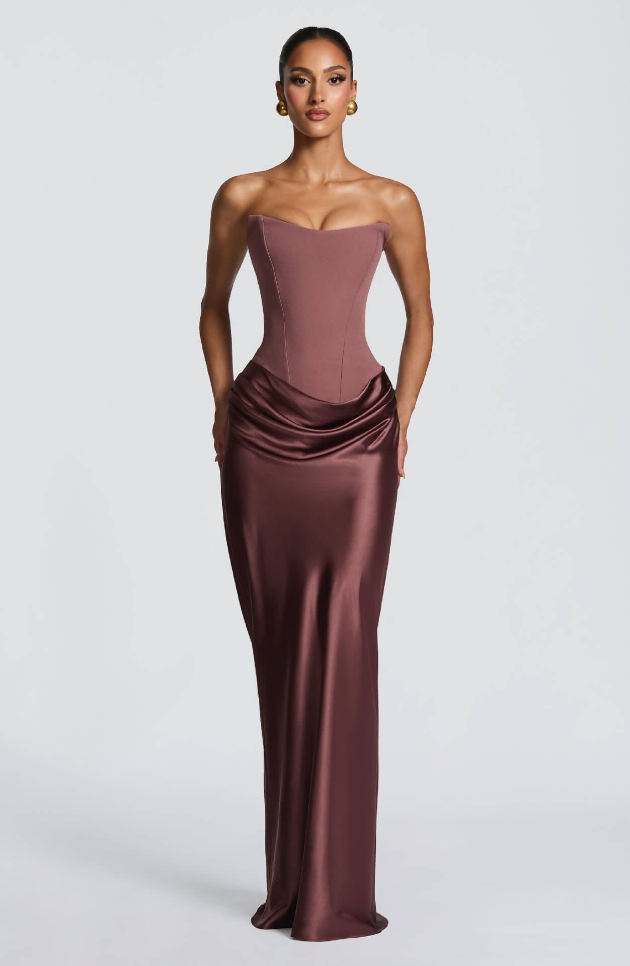 Aurohaya Coline Elegant Strapless Satin Maxi Dress Brown