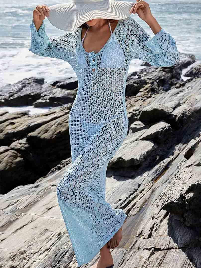 Aurohaya Casual Beach Swimsuit Cover Up Maxi Dress Blue