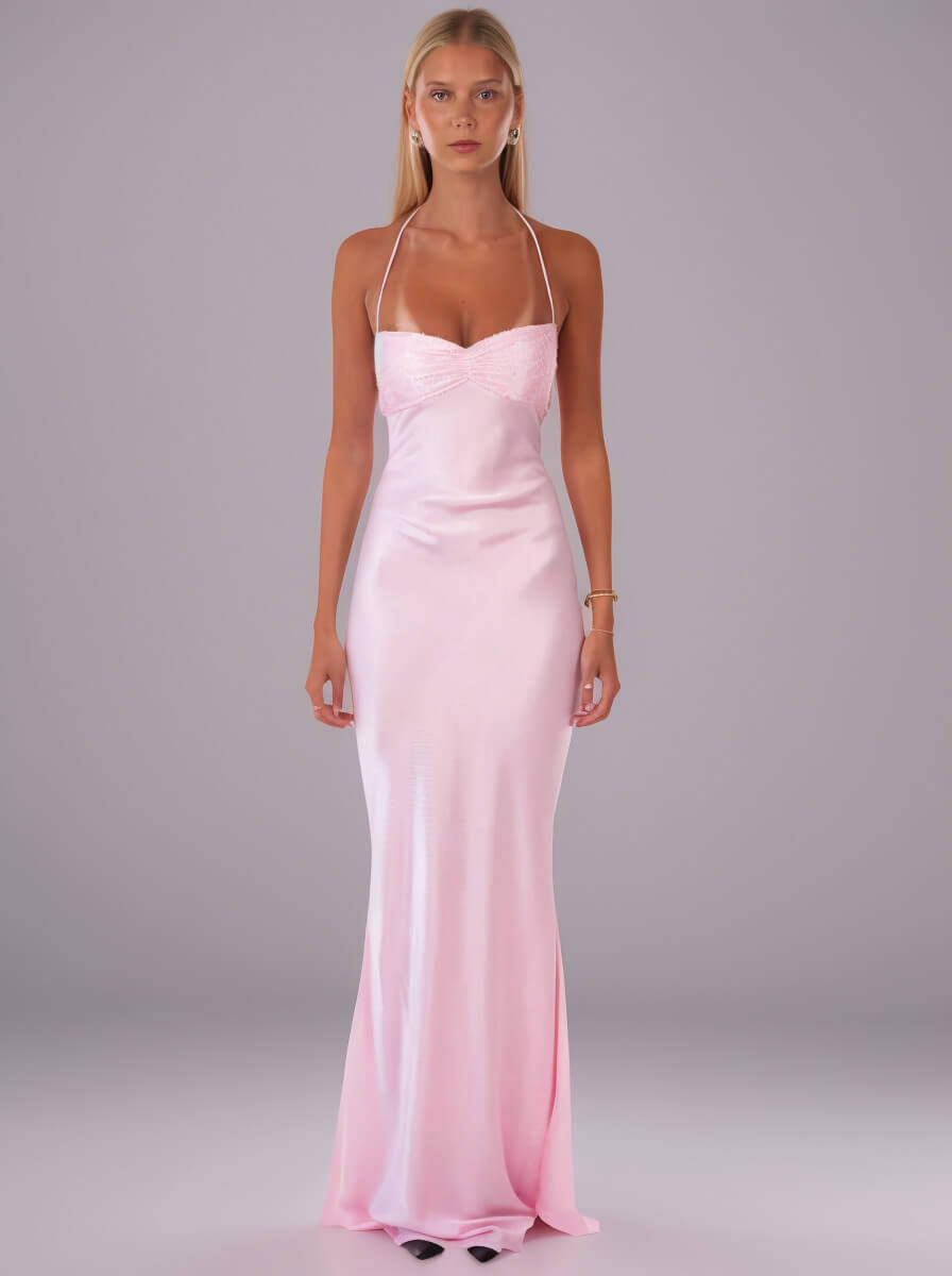 Aurohaya Inès Satin Halter Maxi Dress Pink