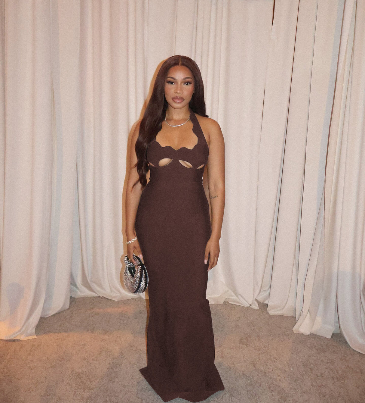 Aurohaya Noisette Halter Cut-Out Bodycon Maxi Dresses Brown