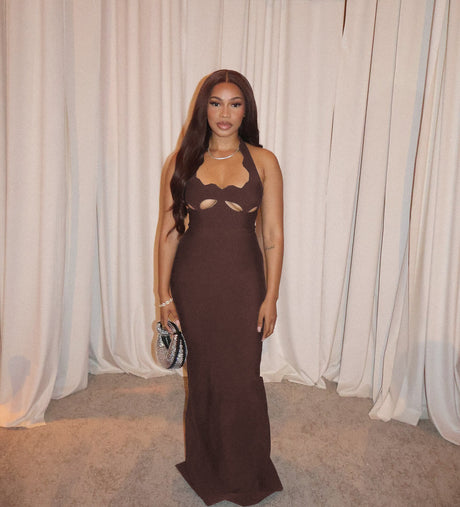 Aurohaya Noisette Halter Cut-Out Bodycon Maxi Dresses brown