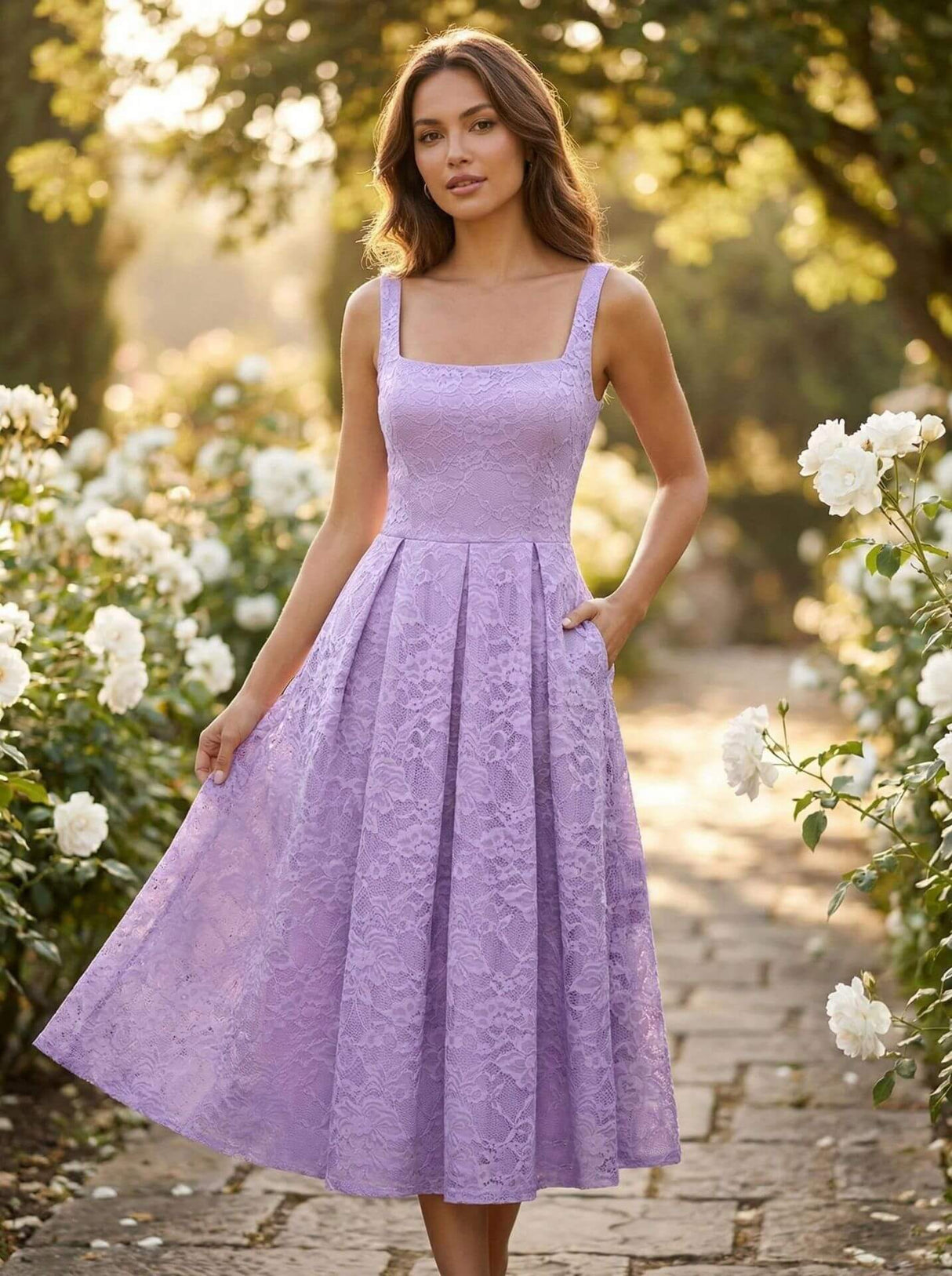Subtilité Square Neck Lace Midi Dress