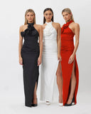 Bellevue Satin Floral Rose Halter Maxi Dress