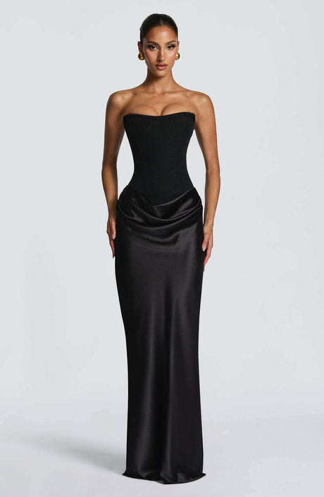 Aurohaya Coline Elegant Strapless Satin Maxi Dress Black