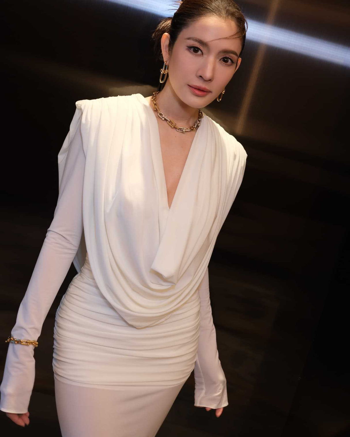 Aurohaya Lumière Long Sleeve Deep V Maxi Dress