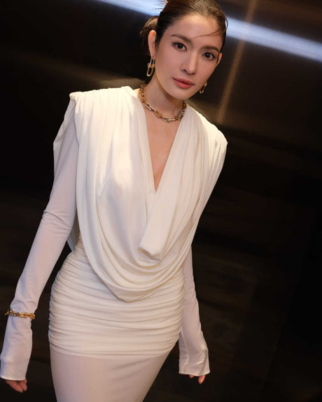 Aurohaya Lumière Long Sleeve Deep V Maxi Dress