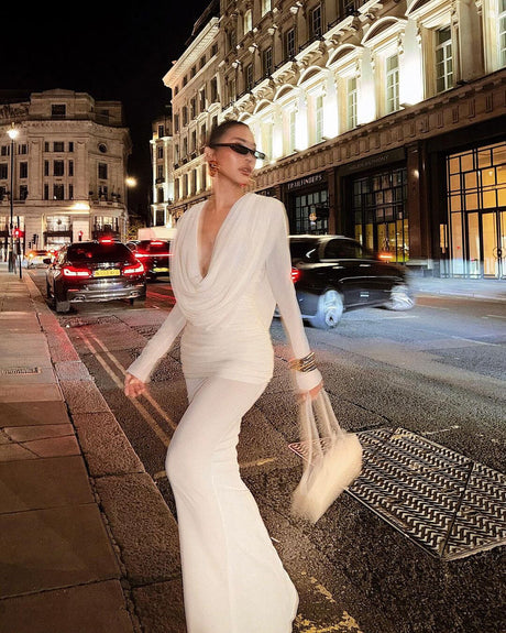 Aurohaya Lumière Long Sleeve Deep V Maxi Dress