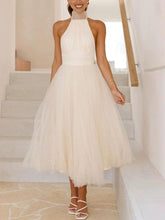 Aurohaya Elegant Mesh Casual Halter Neck Midi Dress White