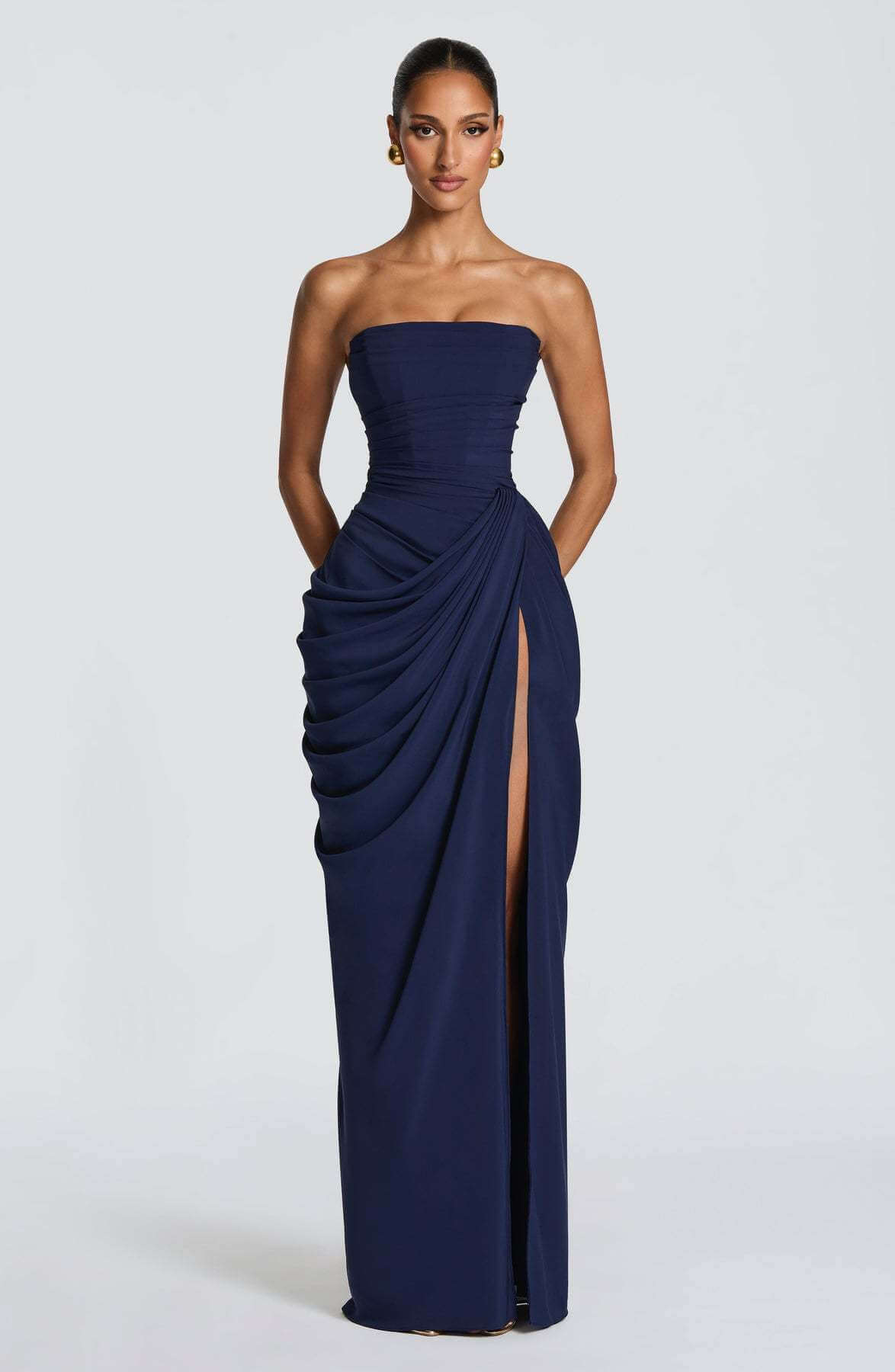 Aurohaya Azalée Strapless Draped High-Slit Maxi Dress Navy