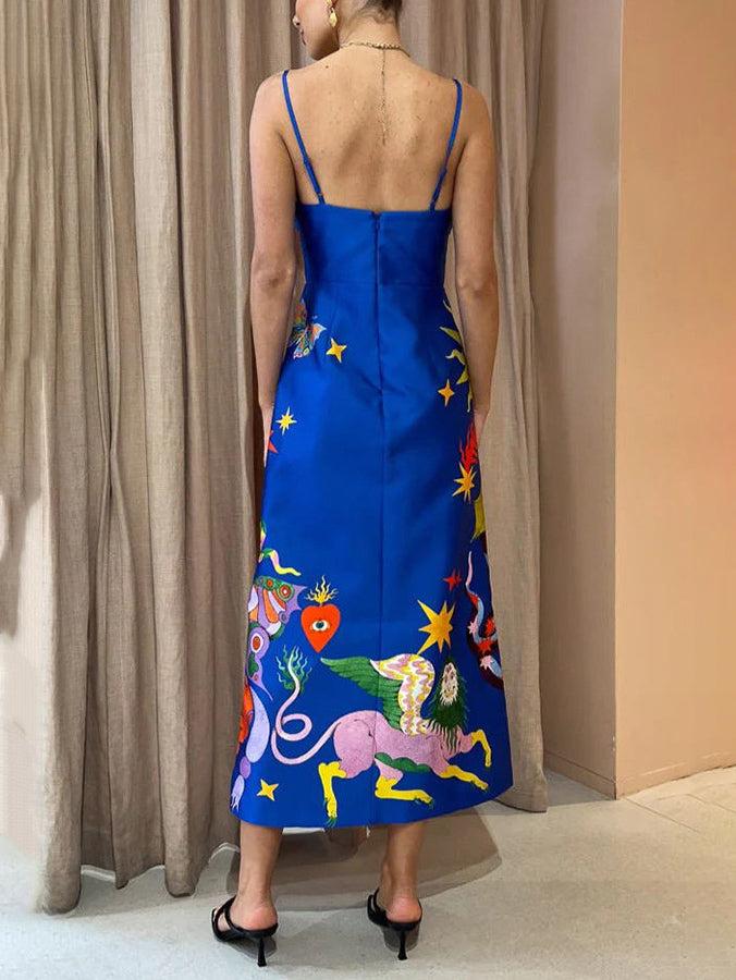 Aurohaya Summer Sexy Satin Backless Printed Sleeveless Midi Dress