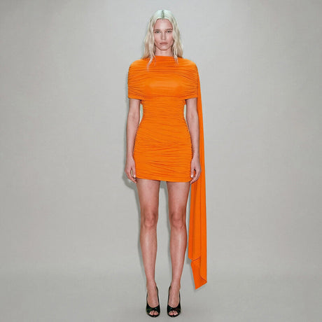 Aurohaya Panorama Ruched Draped Mini Dress Orange