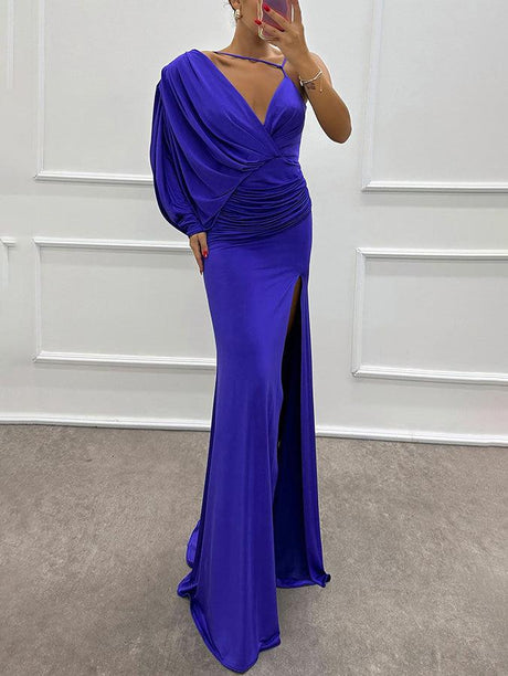 Aurohaya Fashion V-Neck Pleated Slit Sexy Maxi Dress Blue