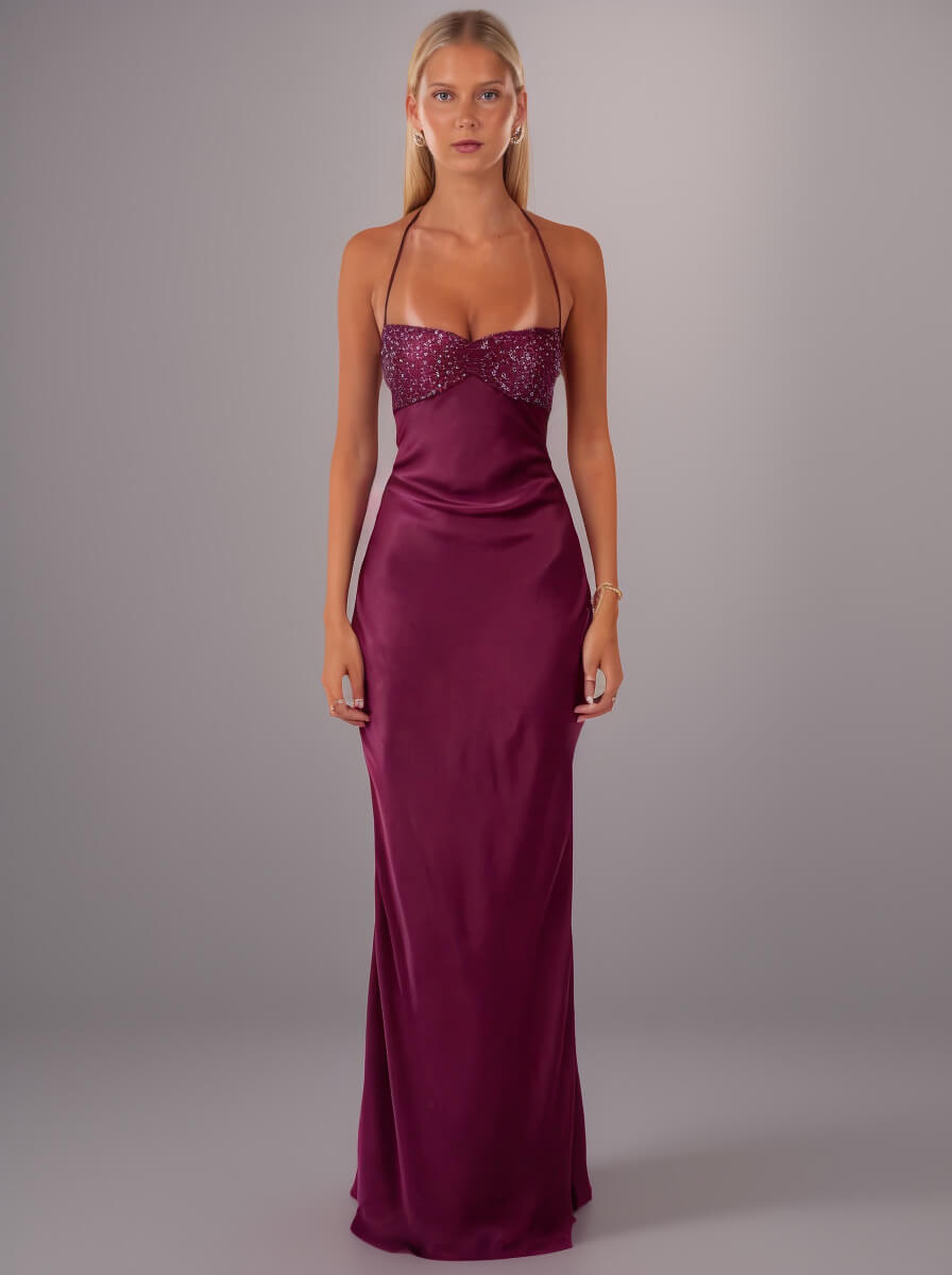 Aurohaya Inès Satin Halter Maxi Dress Purple