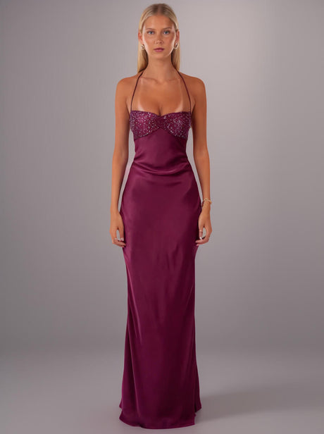 Aurohaya Inès Satin Halter Maxi Dress Purple
