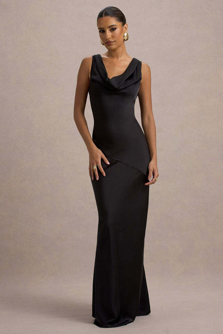 Aurohaya Élodie Satin Cowl-Neck Slip Maxi Dress Black