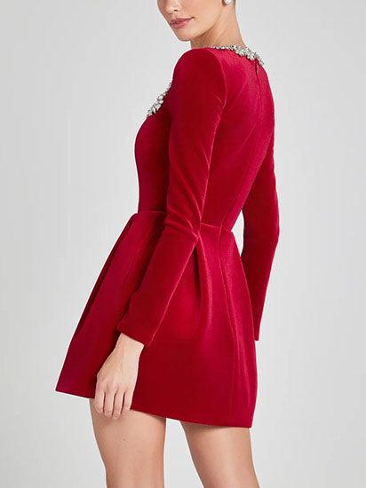 Aurohaya Elegant Square Neck Crystal Embellished Mini Dress