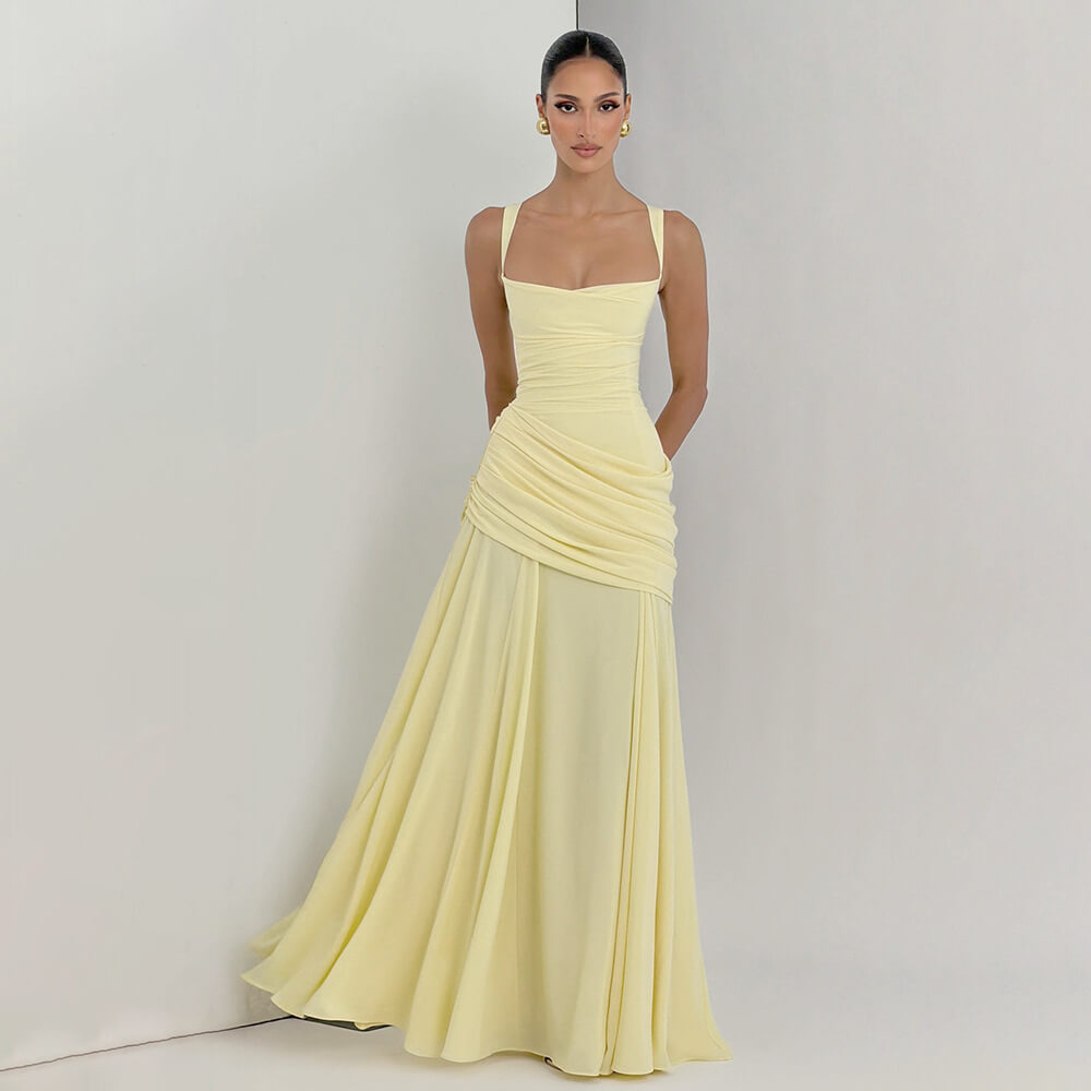 Aurohaya Victoire Square Neck Elegant Maxi Dress Yellow
