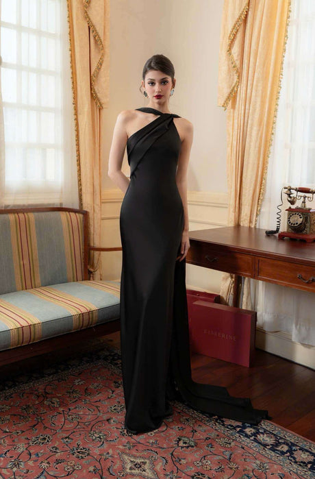 Aurohaya Adeline One-Shoulder Satin Maxi Dress Black