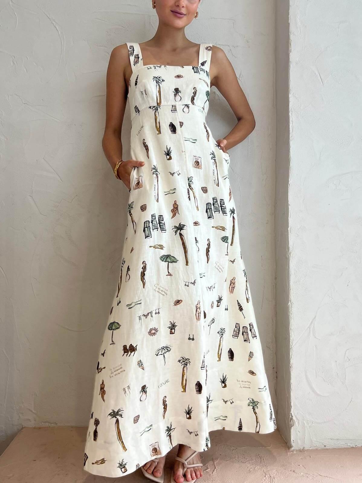 Aurohaya Fashionable Personalized Graffiti Suspender Sexy Backless Maxi Dress White