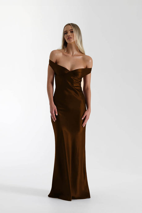 Aurohaya Félicité Satin Off-Shoulder Maxi Dress Brown