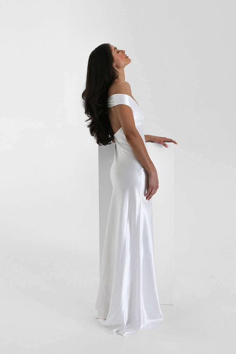 Aurohaya Félicité Satin Off-Shoulder Maxi Dress