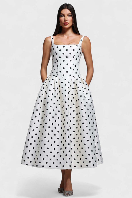 Aurohaya Madeleine Polka Dot Square Neck A-Line Maxi Dress