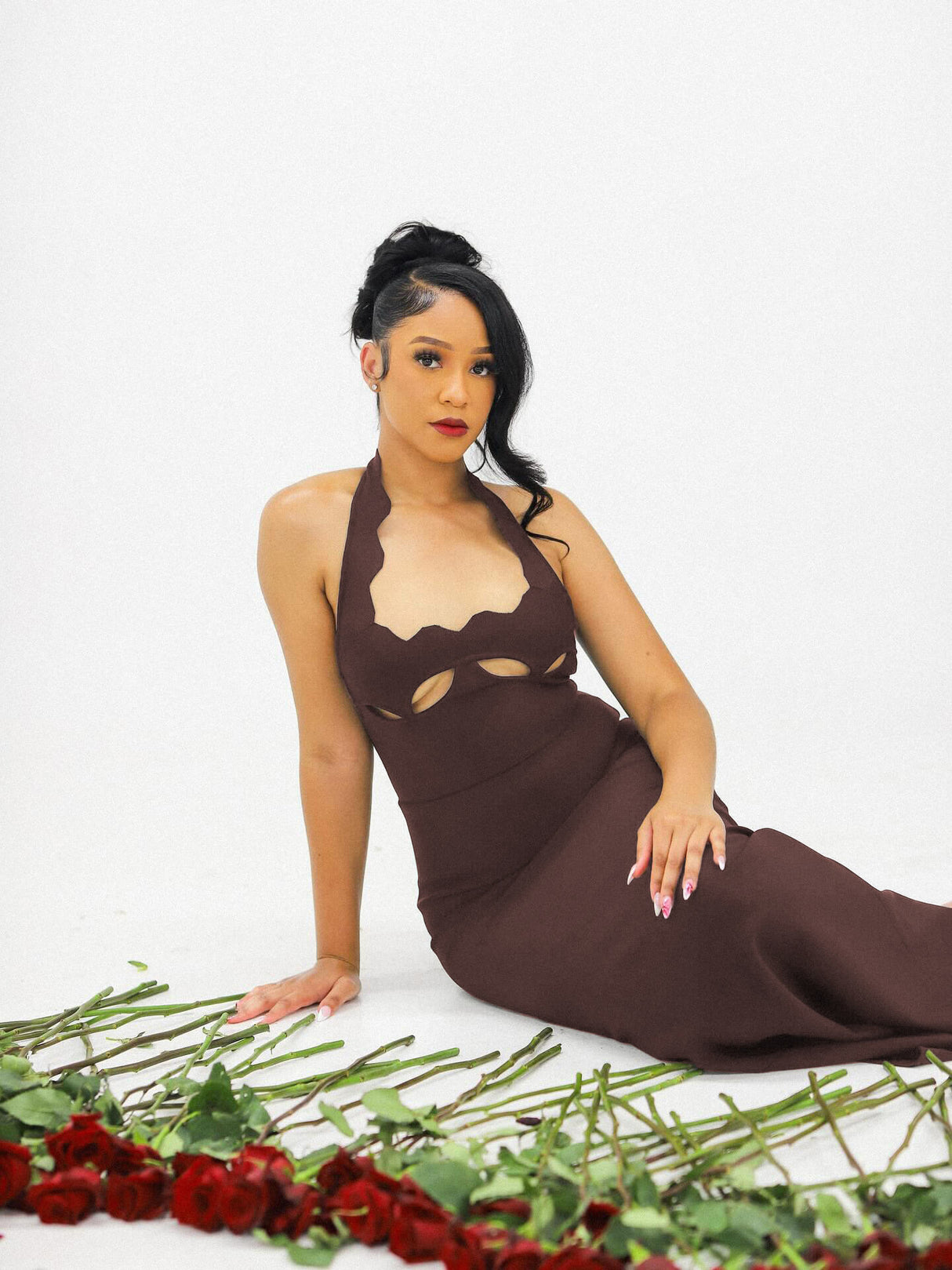 Aurohaya Noisette Halter Cut-Out Bodycon Maxi Dresses