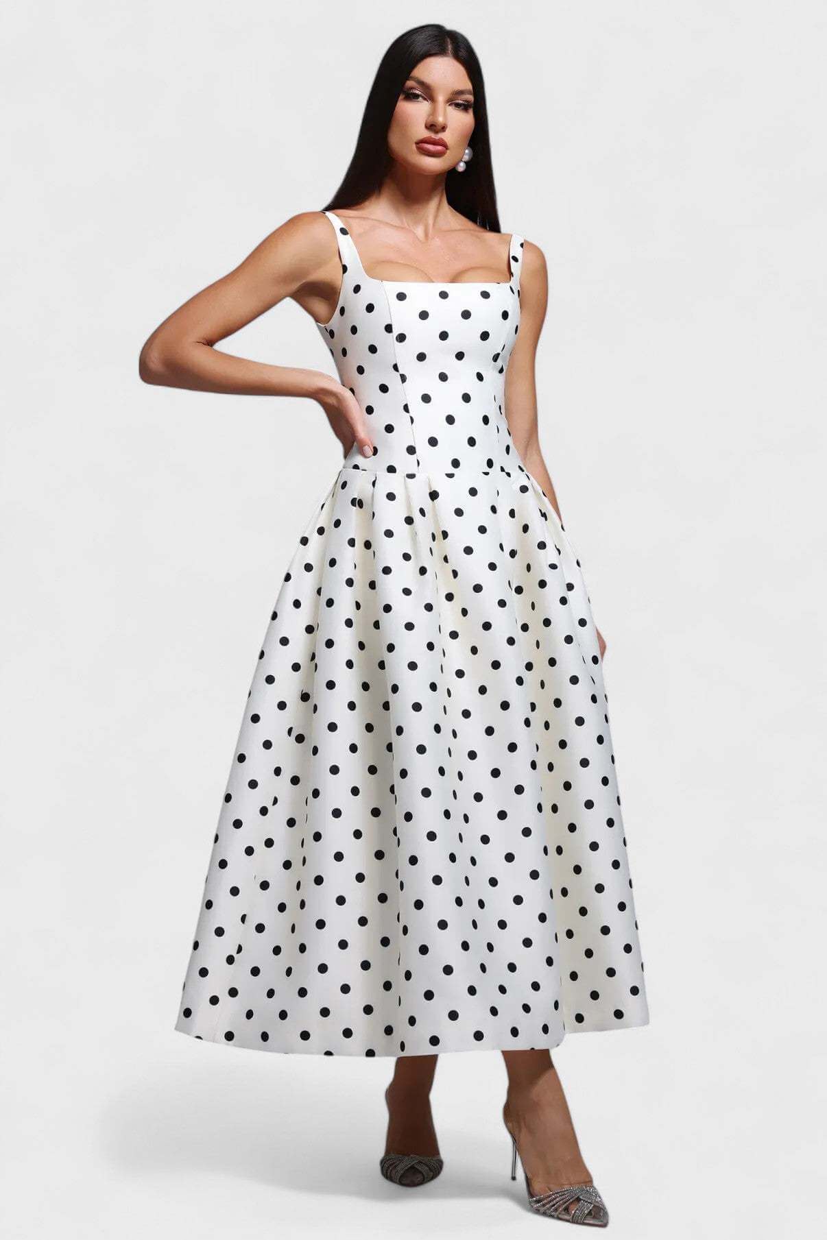 Aurohaya Madeleine Polka Dot Square Neck A-Line Midi Dress