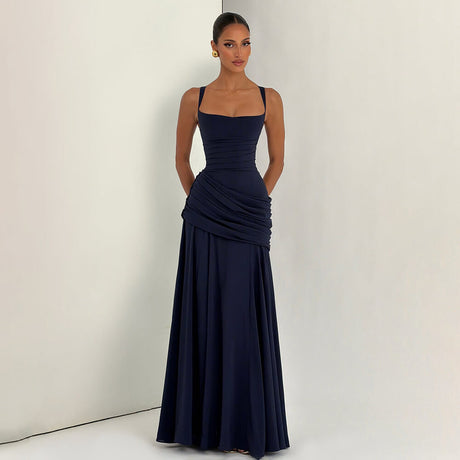 Aurohaya Victoire Square Neck Elegant Maxi Dress Navy